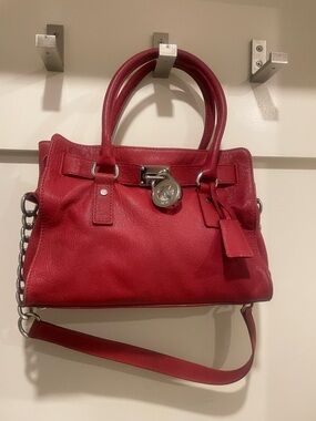 Michael Kors Red Leather Hamilton Satchel with Chain-Detail Shoulder Strap